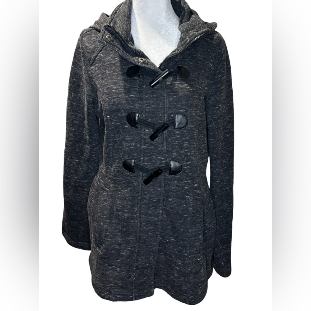 Sebby Hooded Jacket With Zip Front & Toggle Buttons Color Black W/ White Size M